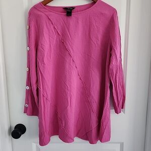 Ali Miles Womens L Textured Woven Tunic Top Contrast Art To Wear Lagenlook Pink